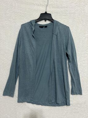 Tahari Sweater Cardigan Womens L Blue 100% Linen Hooded Open Lightweight Knit